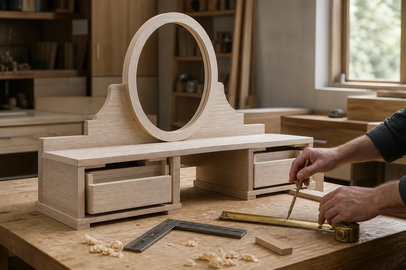 Werkstattansicht mit einem Prototyp für einen maßgefertigten Schminktisch