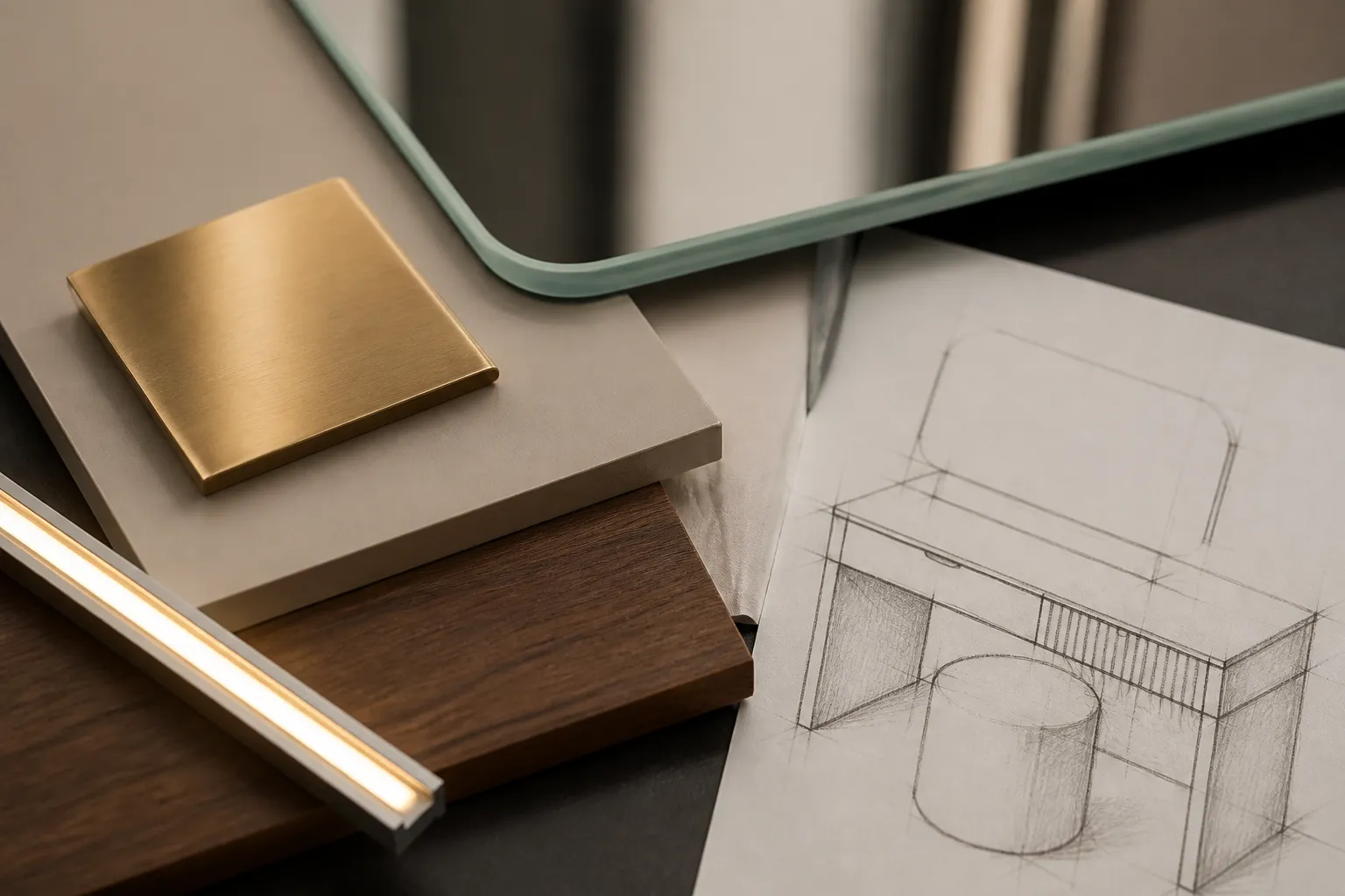 Oberflächenmuster, Spiegelglas und Lichtdetail für einen individuellen Schminktisch