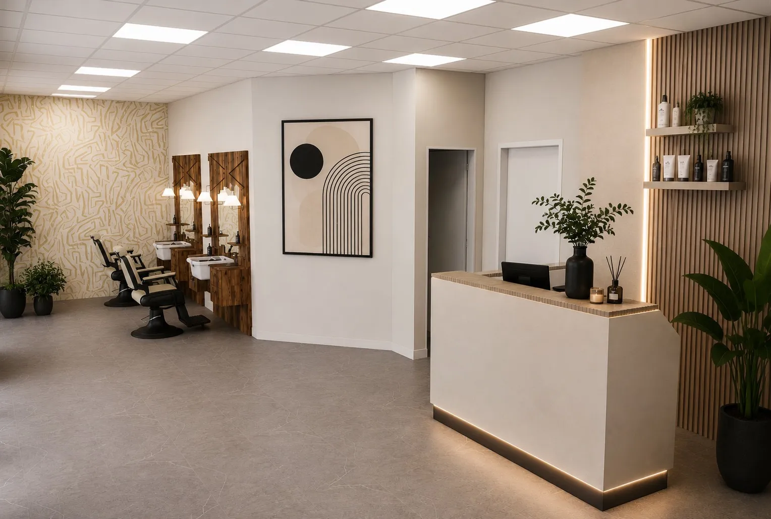 Moderner Salon mit Empfang, Arbeitsplätzen und Materialkonzept